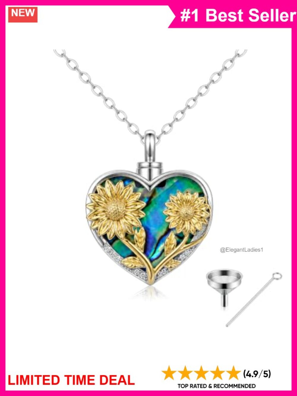 Sunflower Urn Keepsake Necklace Memorial Pendant 22in Women Men